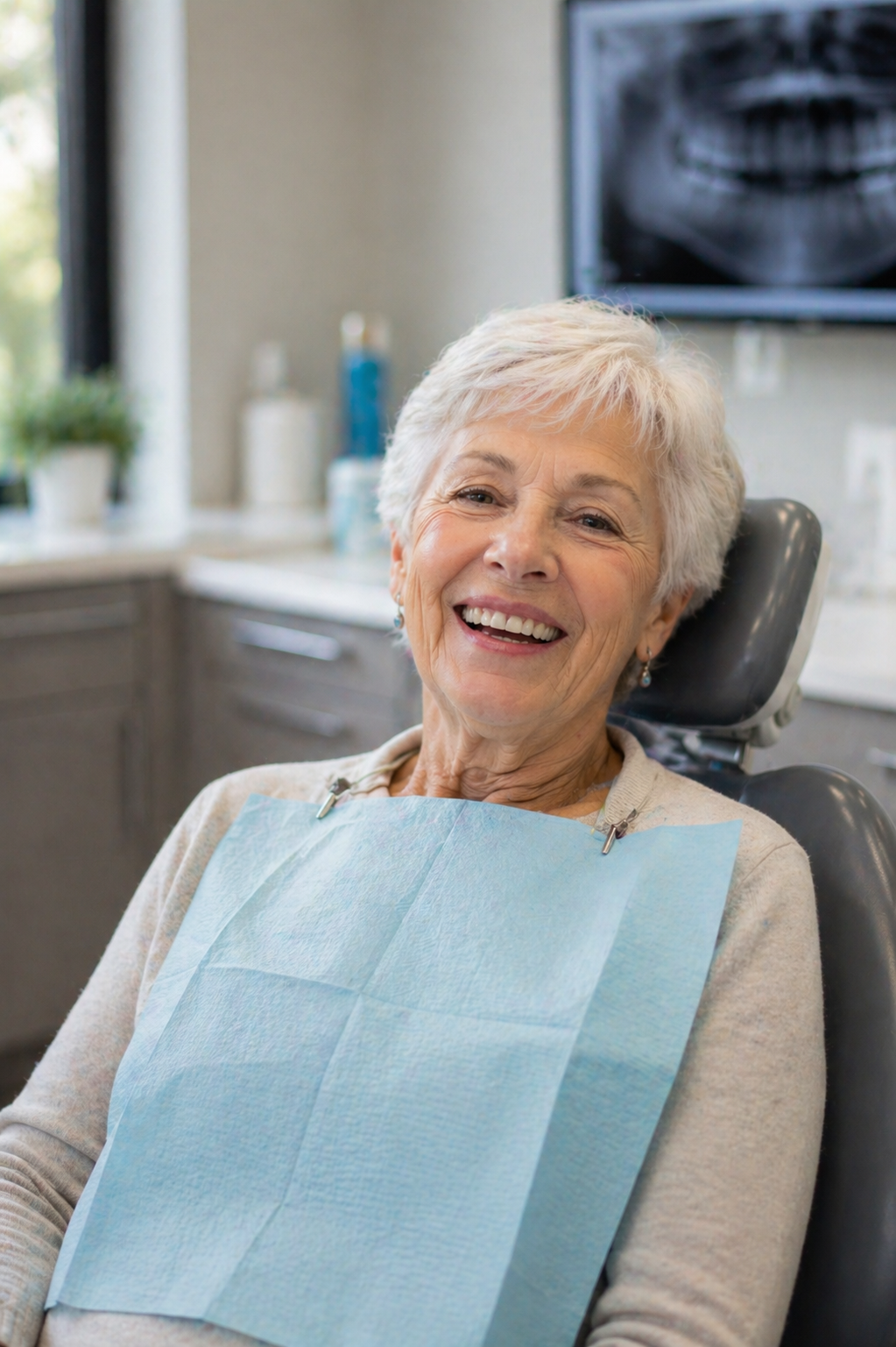 Senior patient smiling after a dental visit at Two Rivers Dental Group