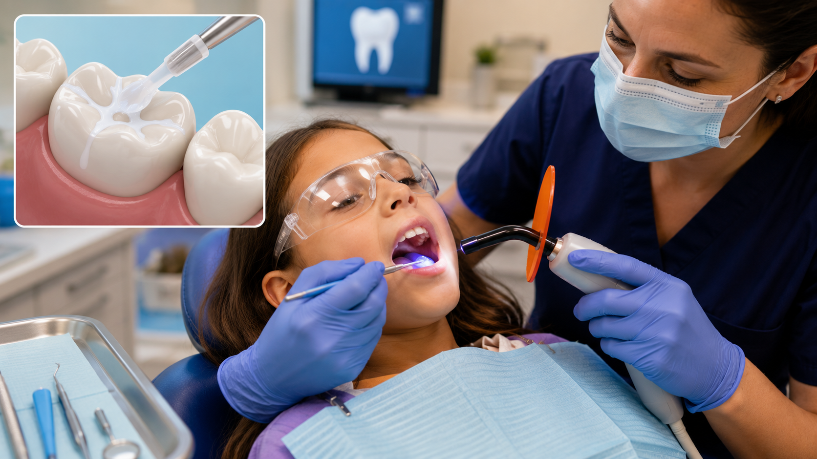 Dr. Collins applying dental sealants to a child's molars at Two Rivers Dental Group