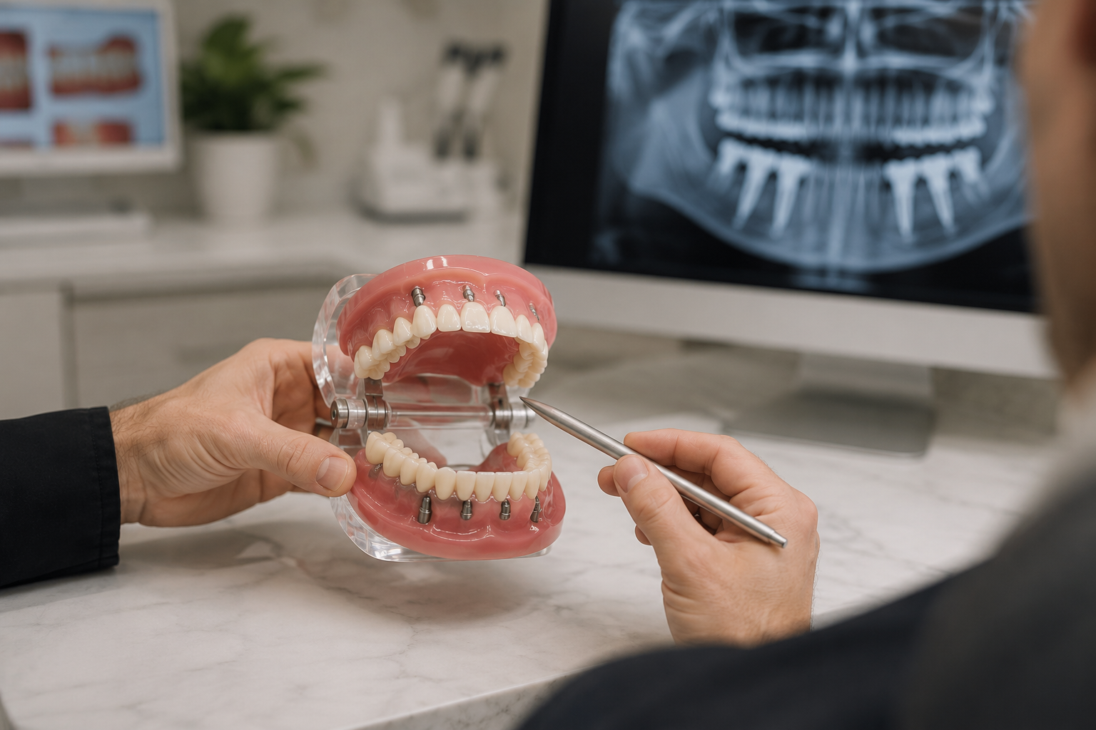 Patient smiling after full arch dental implant treatment at Two Rivers Dental Group