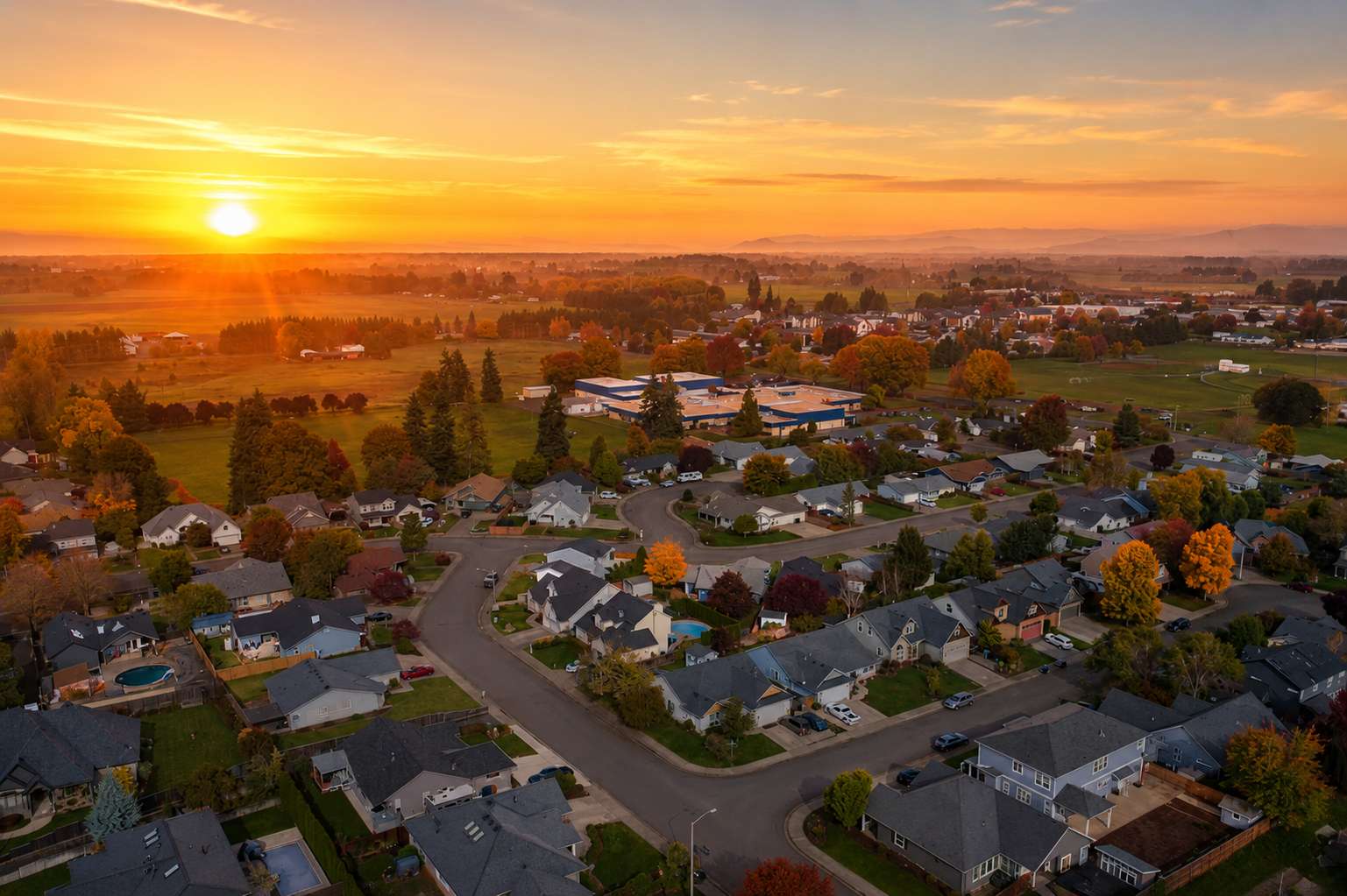 Aerial view of Junction City, Oregon and the surrounding farmland