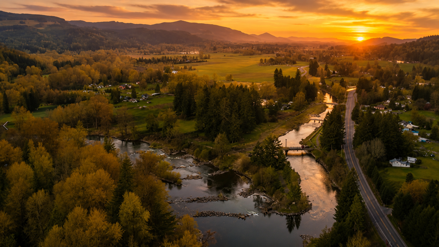 Aerial view of Walterville, Oregon along the McKenzie River