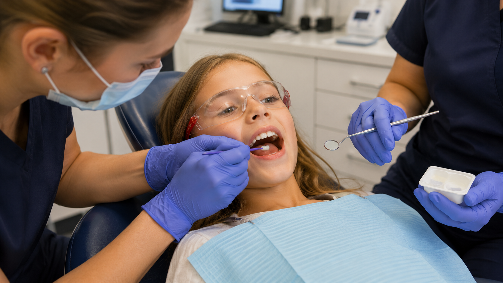Child receiving a fluoride varnish treatment at Two Rivers Dental Group