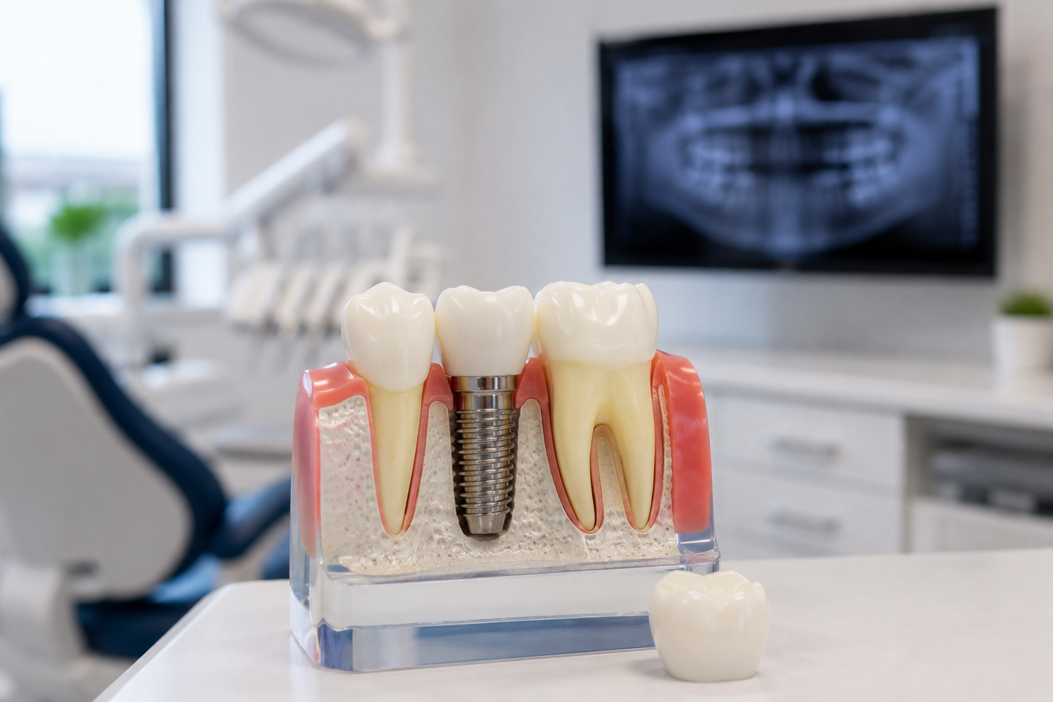 Patient viewing a single tooth implant model at Two Rivers Dental Group